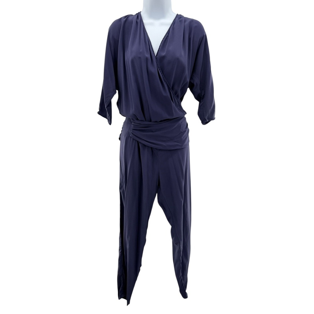 Thakoon Addition Navy Blue 100% Silk‎ Wrap V-Neck Jumpsuit Size 6 Womens Drape